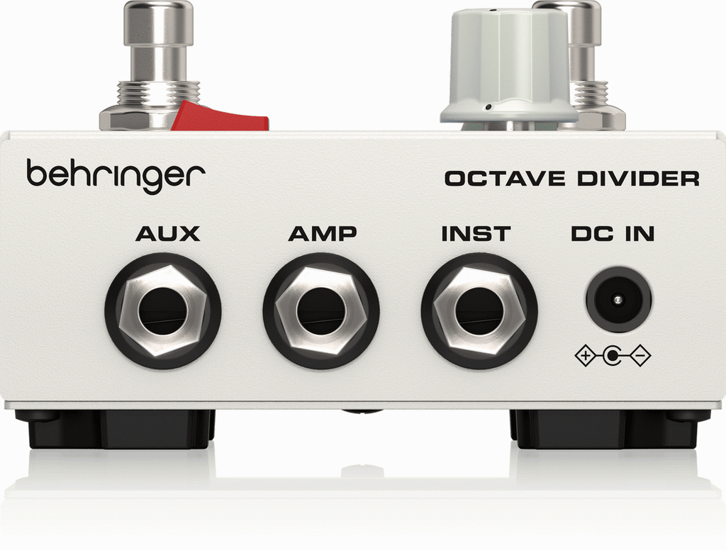 Behringer octave divider effect pedal for guitar showing controls and input jack on a black pedal with orange accents.