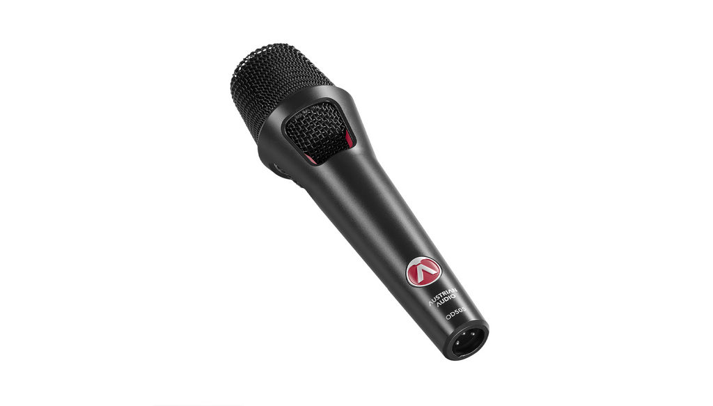 Austrian Audio OD505 wired active dynamic vocal microphone with metal grille and body for live performance use.