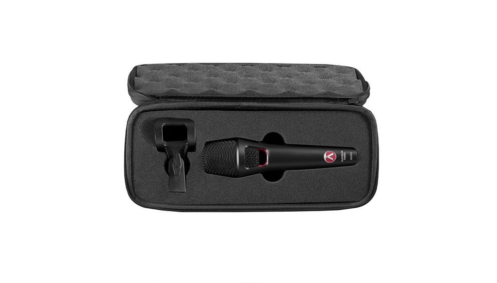 Austrian Audio OD505 active dynamic wired vocal microphone with black grille and body, designed for live performances.