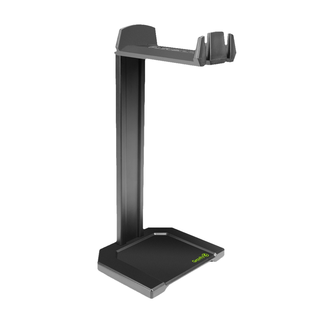 Gravity GHPHTT01B headphone stand holding black over-ear headphones, tabletop headphone accessory for organized storage.