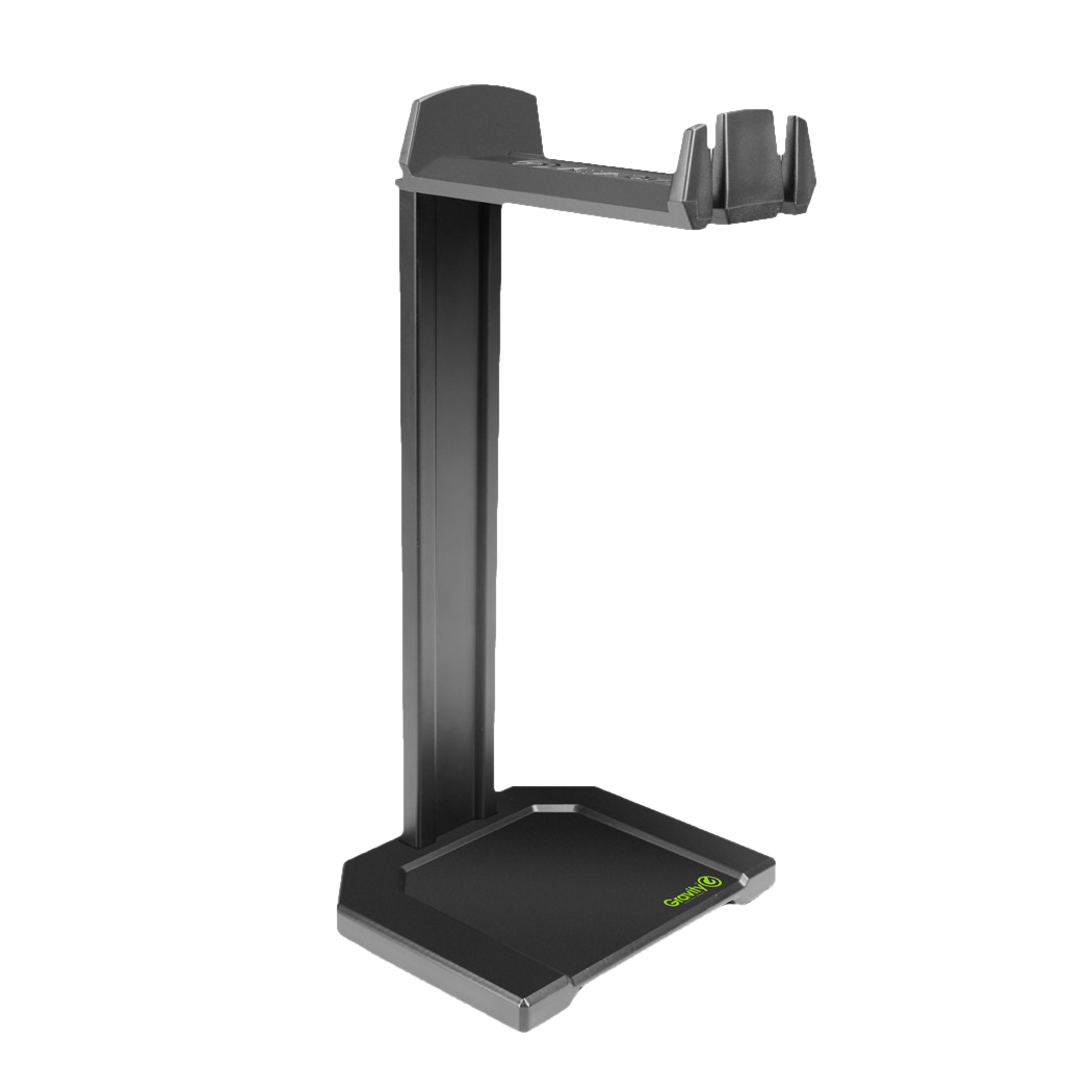 Gravity GHPHTT01B headphone stand holding black over-ear headphones, tabletop headphone accessory for organized storage.