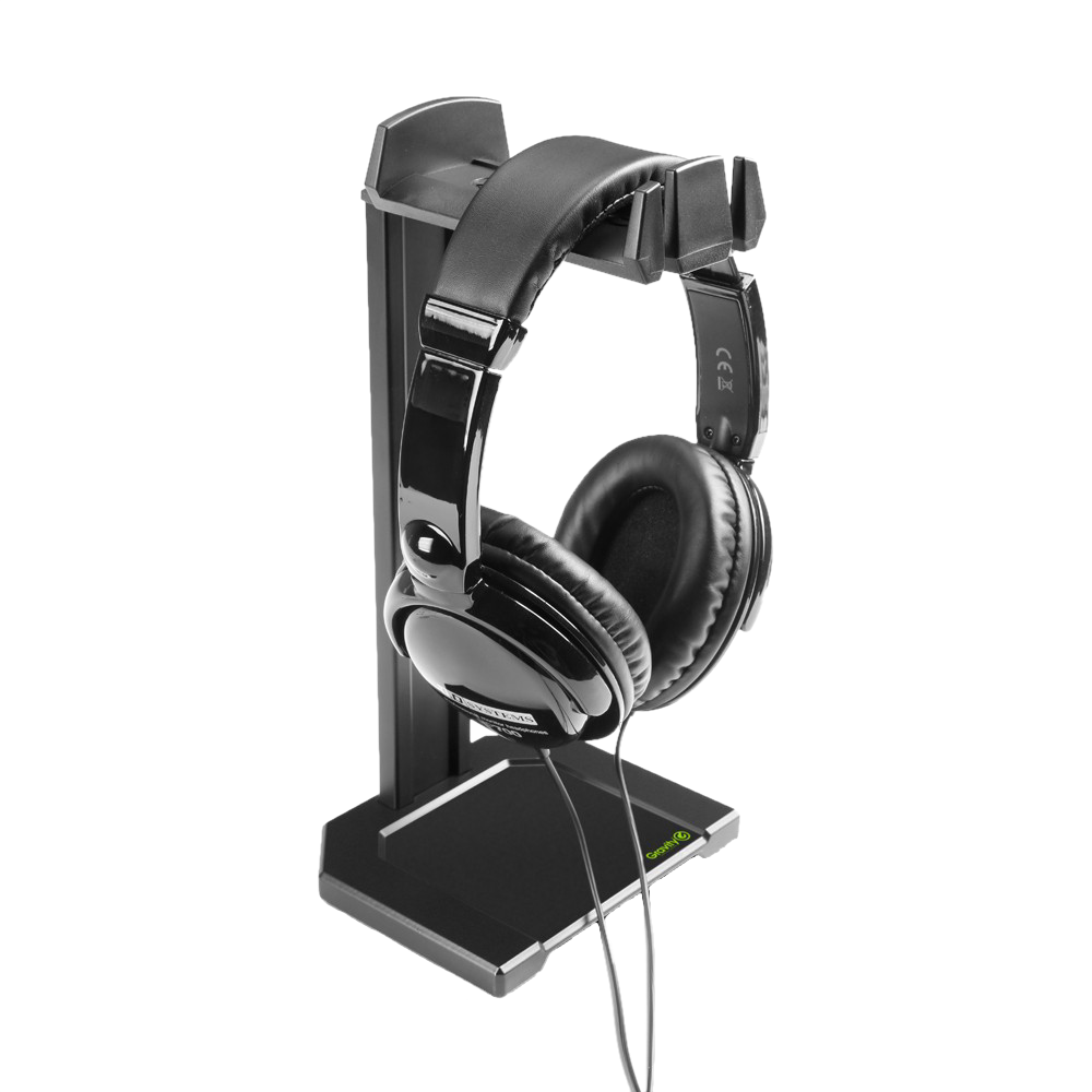 Gravity GHPHTT01B headphone stand for table top, black headphone accessories holder with sleek design, suitable for organizing headphones.