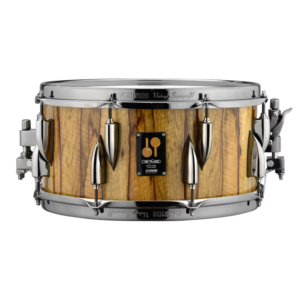 SONOR limited edition 13x6.5 black Limba snare drum with unique finish, showcasing its distinctive wood grain and craftsmanship.