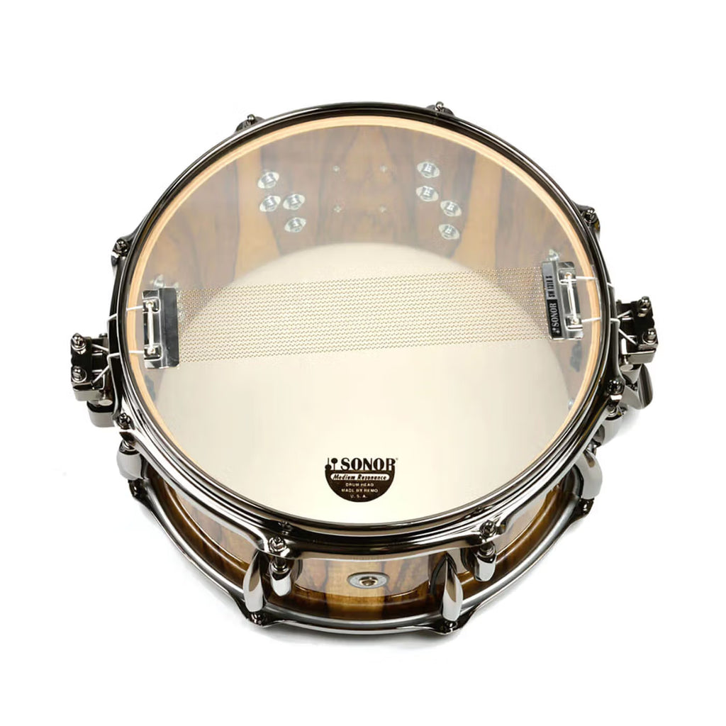 Sonor Limited Edition 13x6.5 Black Limba snare drum with a sleek finish, showcasing its craftsmanship and unique design details.
