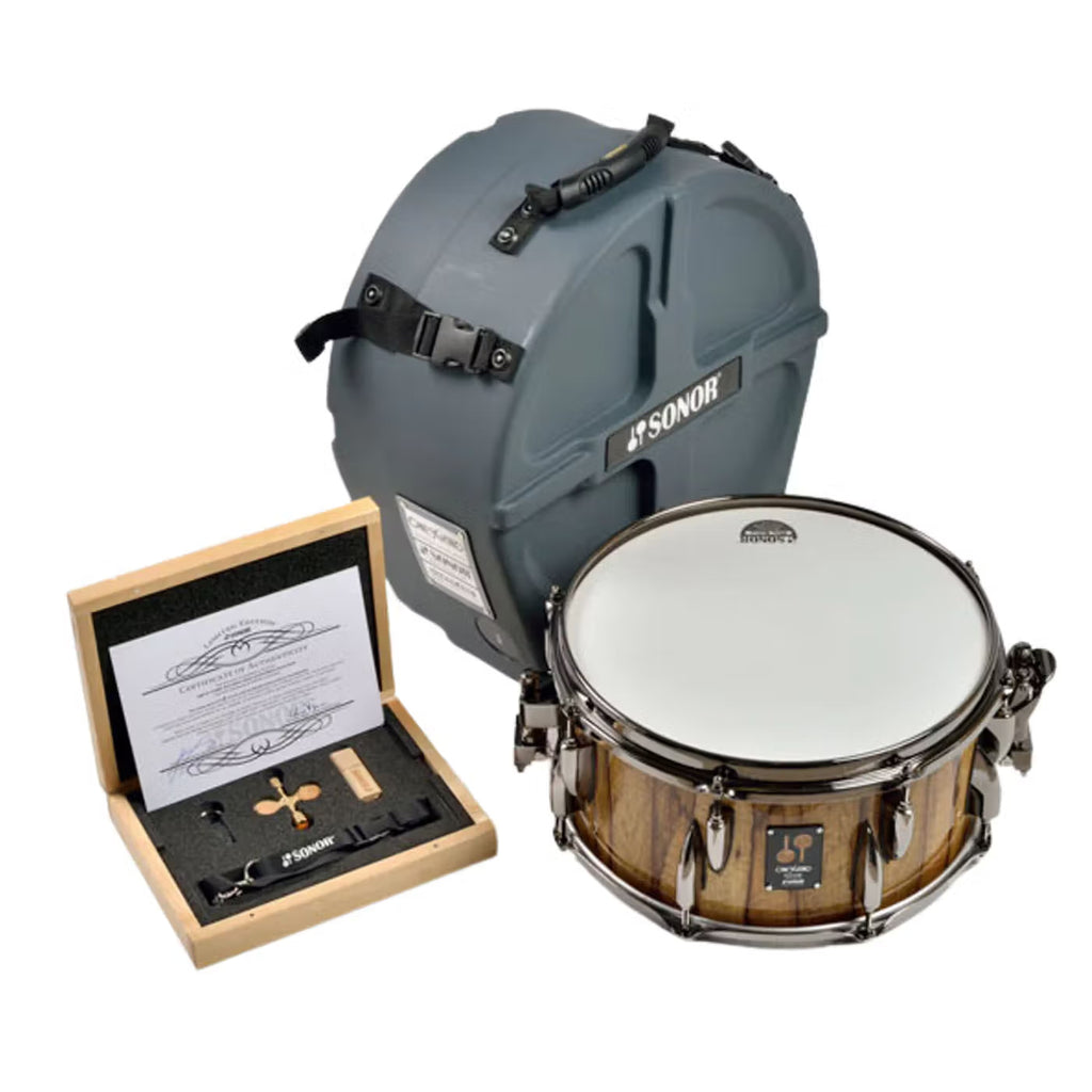 SONOR limited edition 13x6.5 Black Limba snare drum with unique finish, showcasing detailed craftsmanship and hardware.