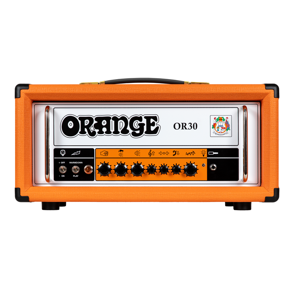 Orange OR30 single channel guitar amp head with control knobs and input jack, showcasing the Orange brand and orange finish.