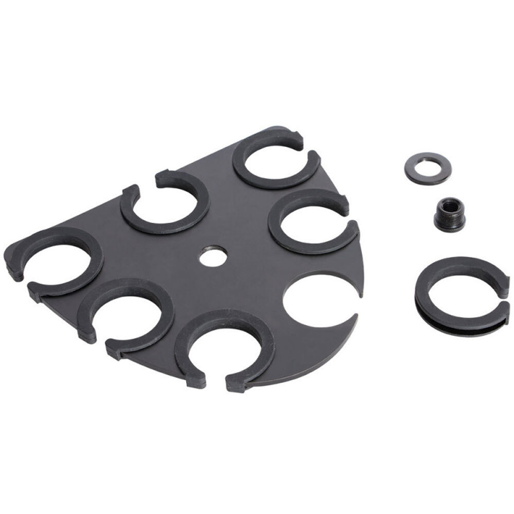 On-Stage multi-mic holder stand bracket for securing multiple microphones during performances or recordings.