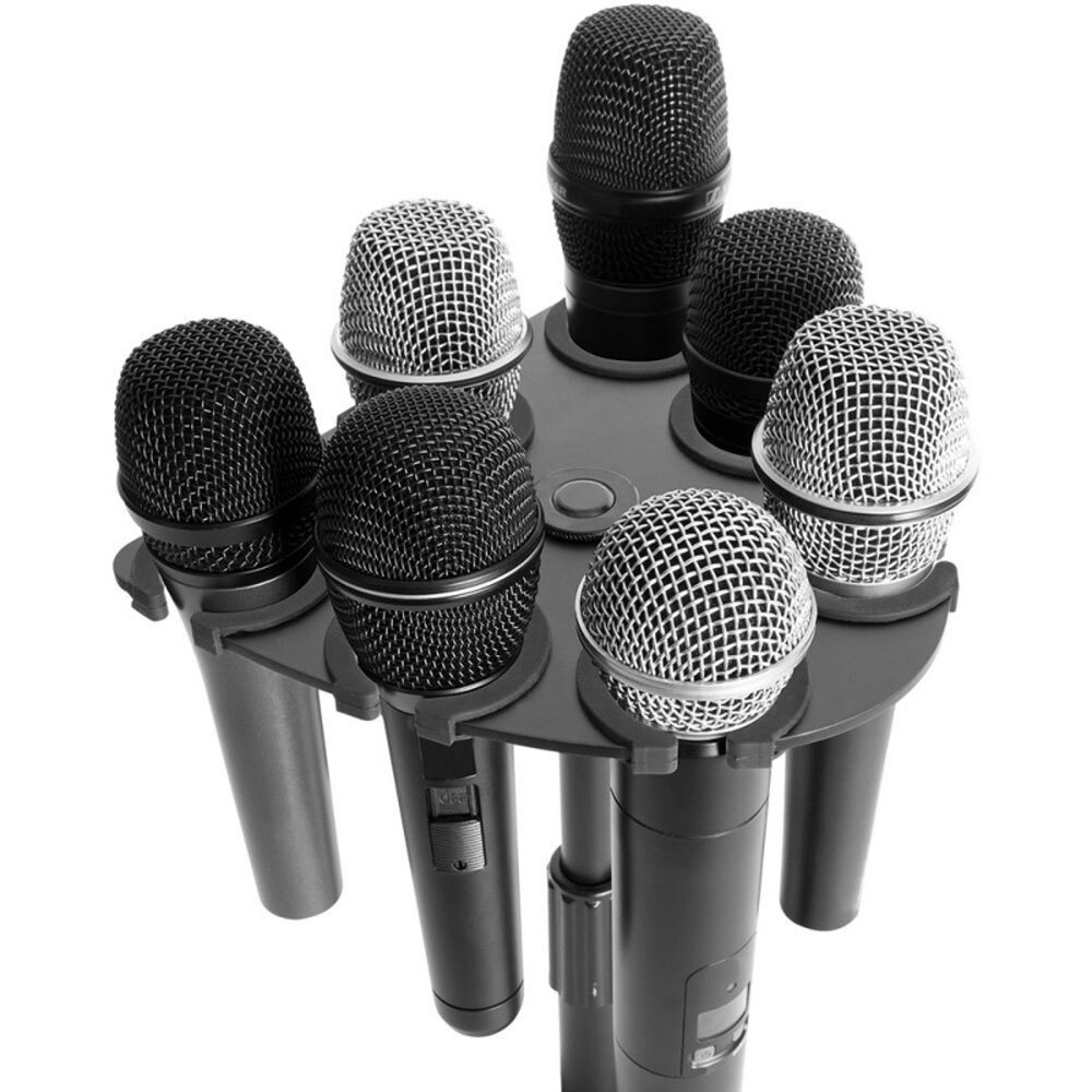 On-Stage multi-mic holder with adjustable brackets for securing multiple microphones on a stand.
