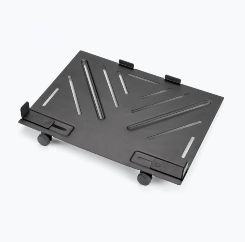 On-Stage OSMSA5000 laptop mount and accessory tray attached to a stand, with a laptop and accessories visible.