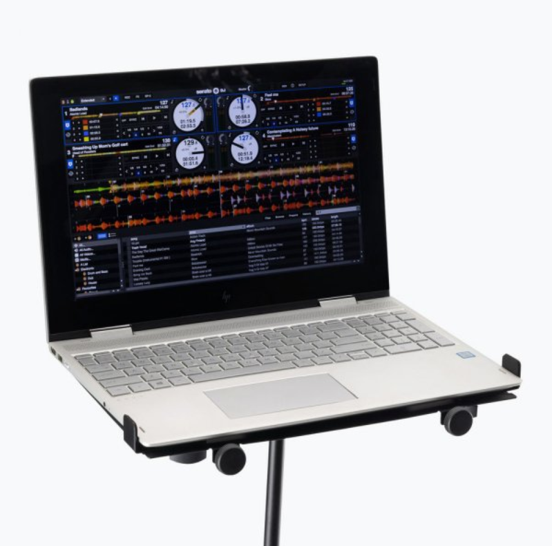 On-Stage OSMSA5000 laptop mount with accessory tray attached to a stand, showcasing a sturdy bracket for holding laptops and accessories.