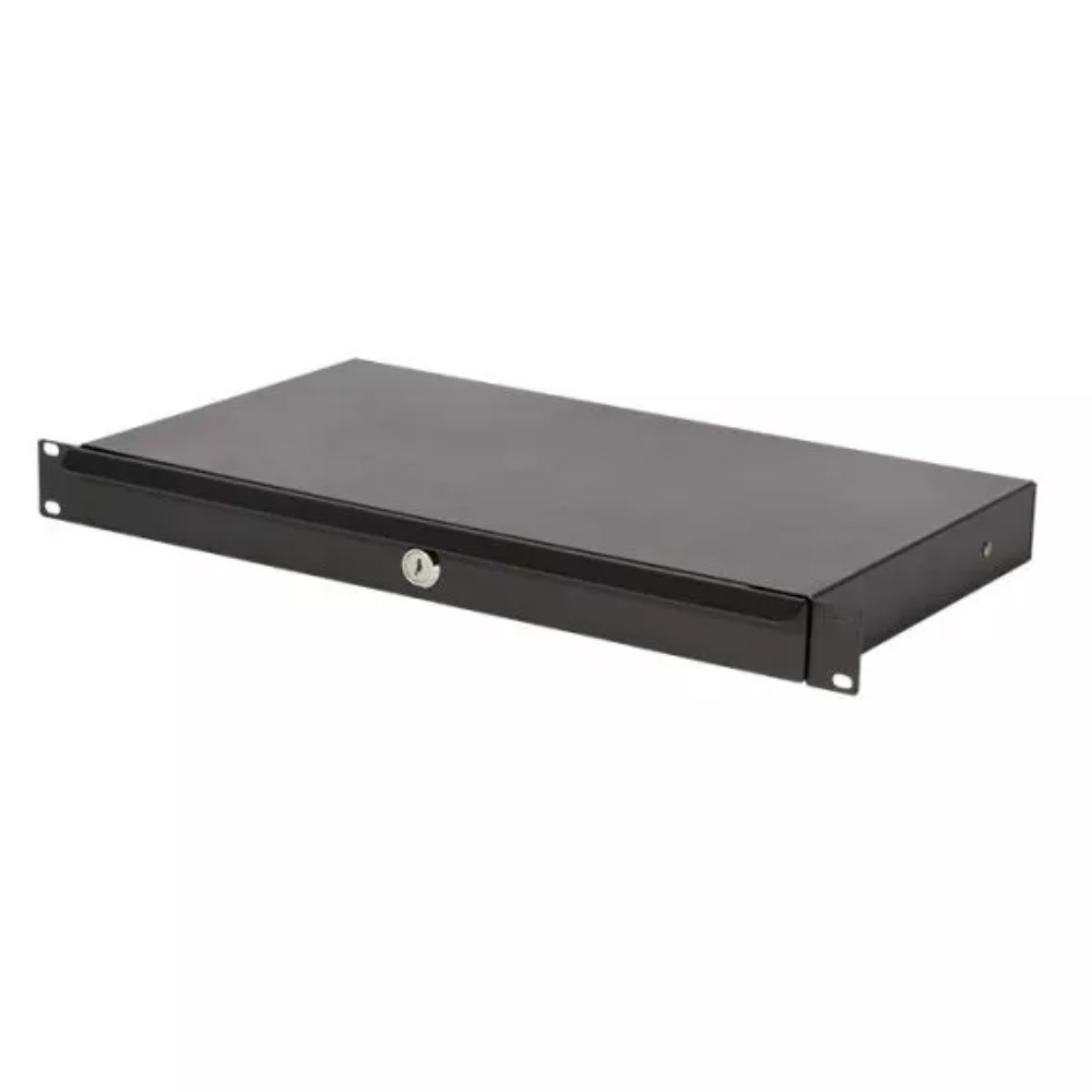On-Stage 1U locking rack drawer, shallow metal case with handle and lock, designed for secure equipment storage in racks.