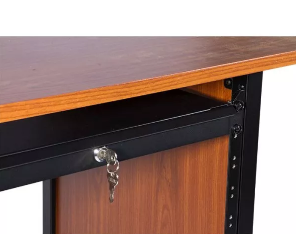 On-Stage 1U locking rack drawer in a shallow design, black metal with front handle and lock for secure equipment storage.