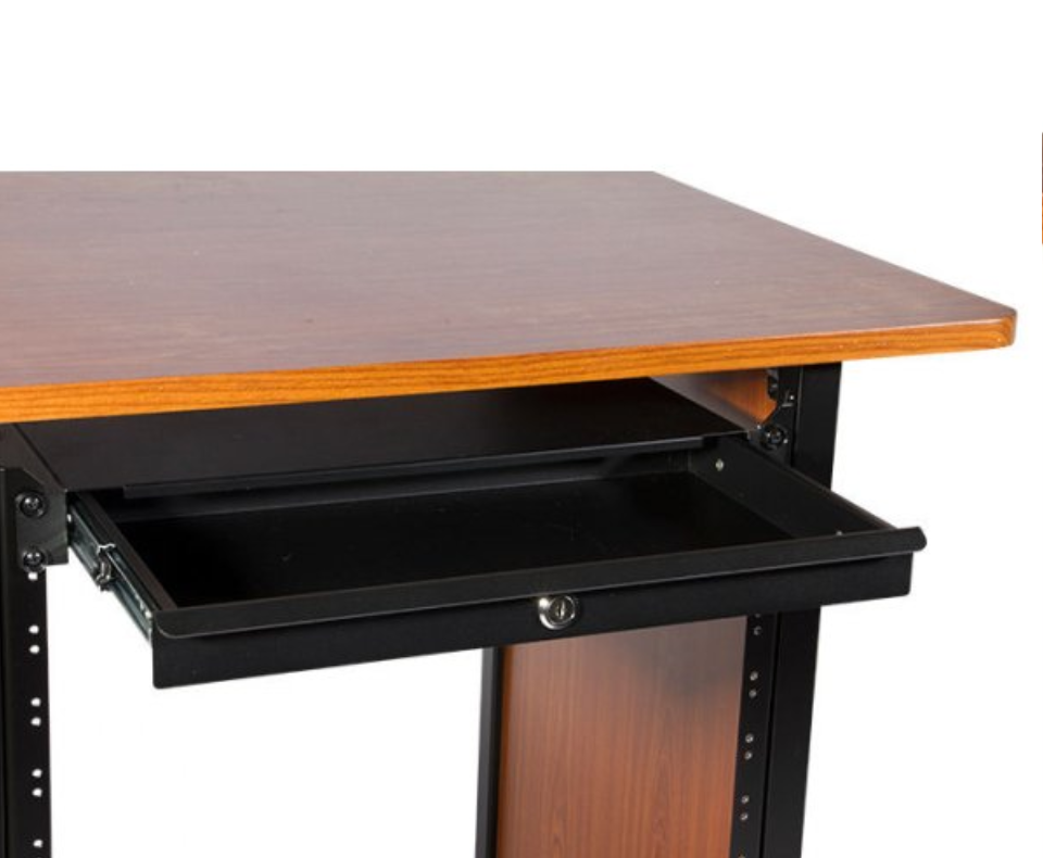 On Stage 1U Locking Rack Drawer for shallow rack, black metal case with locking latch and handle for secure equipment storage.