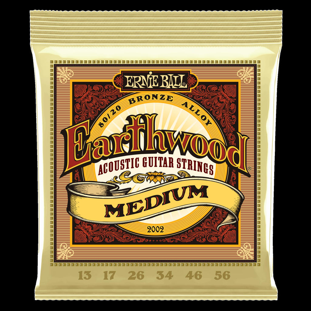 Ernie Ball Earthwood Medium 80/20 Bronze Acoustic Guitar Strings, showing a close-up of the packaging and strings.