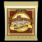 Ernie Ball Earthwood Medium 80/20 Bronze Acoustic Guitar Strings, showing a close-up of the packaging and strings.