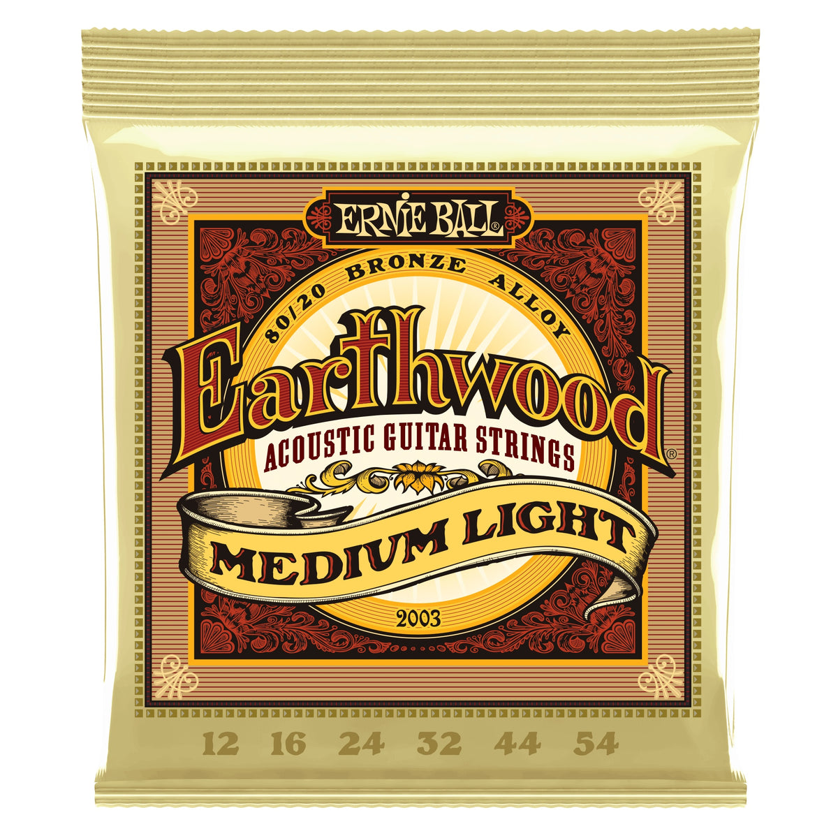 Ernie Ball Earthwood medium light 80/20 bronze acoustic guitar strings, showing a set of six strings on a white background.