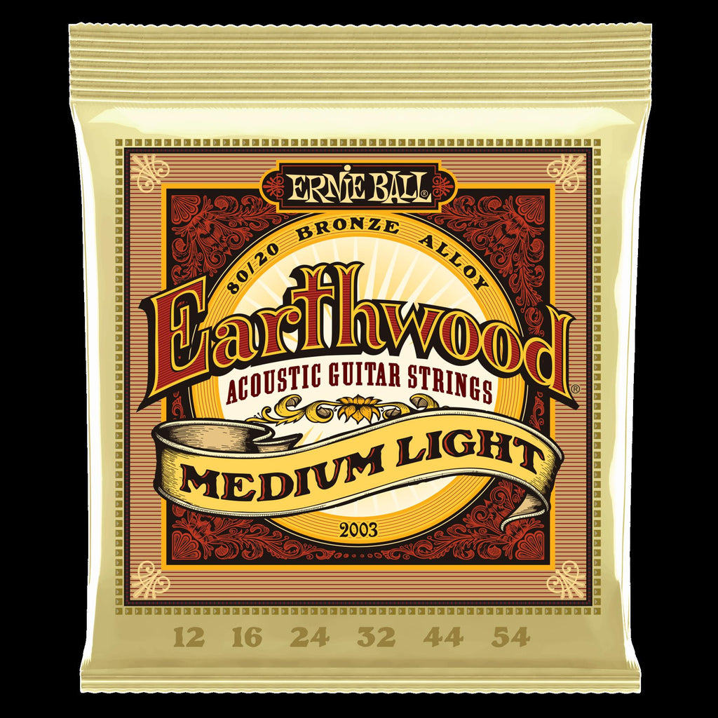 Ernie Ball Earthwood medium light 80/20 bronze acoustic guitar strings on a guitar, showcasing the string packaging and branding.