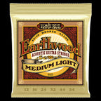 Ernie Ball Earthwood medium light 80/20 bronze acoustic guitar strings on a guitar, showcasing the string packaging and branding.