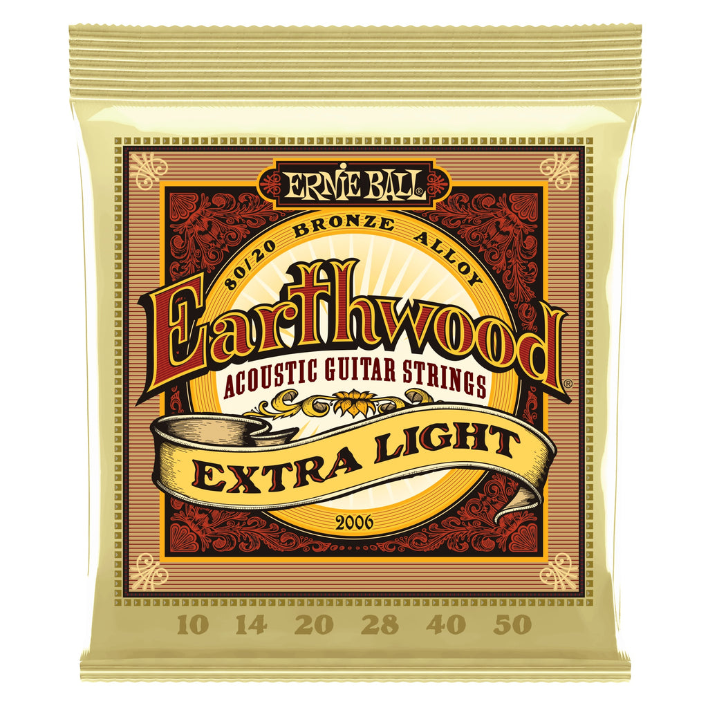 Ernie Ball Earthwood 2006 extra light 80/20 bronze acoustic guitar strings, showing a set of new strings with packaging.