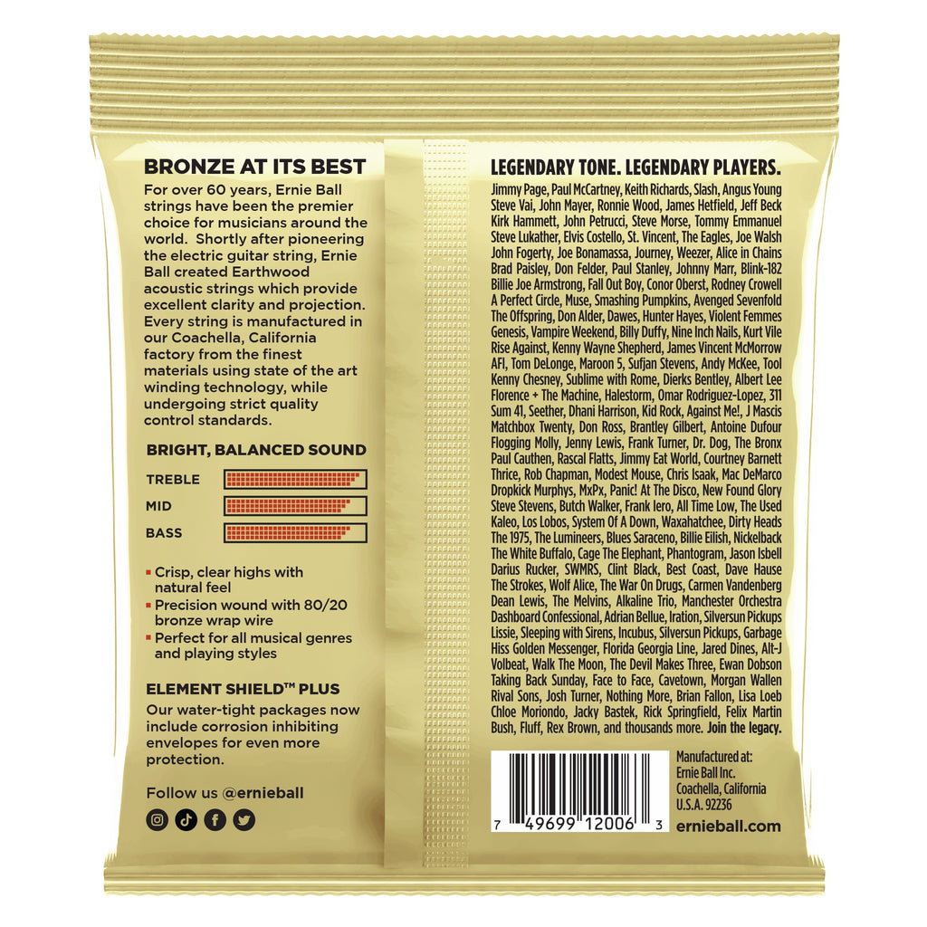 Ernie Ball Earthwood Extra Light 80/20 Bronze Acoustic Guitar Strings, close-up of packaging and strings on a guitar.