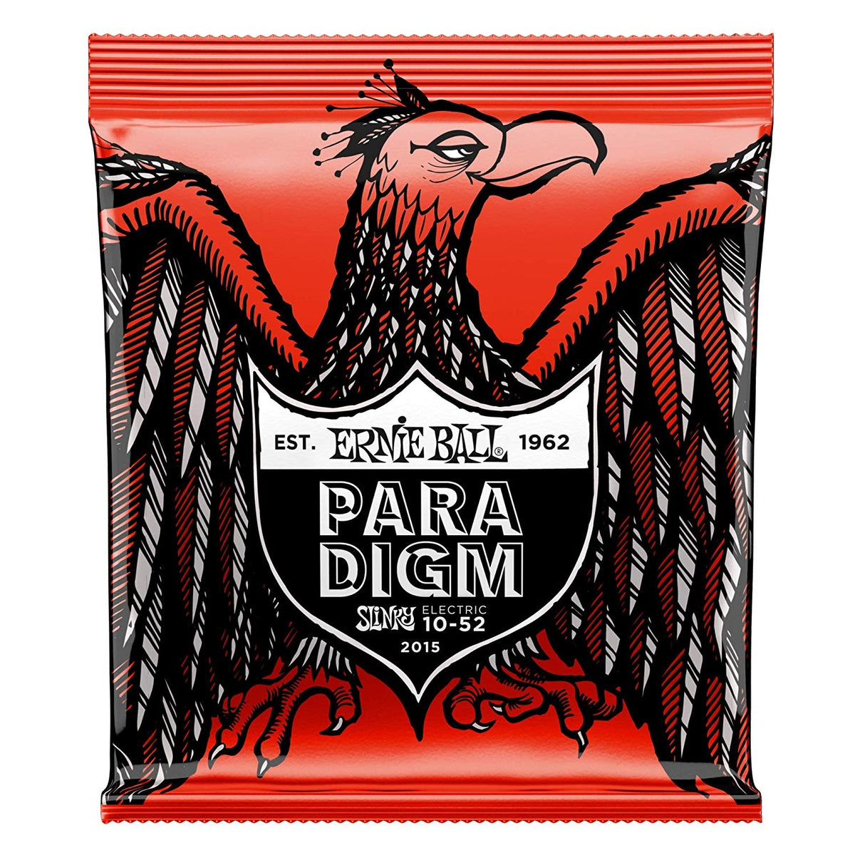 Ernie Ball E2015 electric guitar strings set with 10-52 gauge, featuring skinny top and heavy bottom for versatile playing.