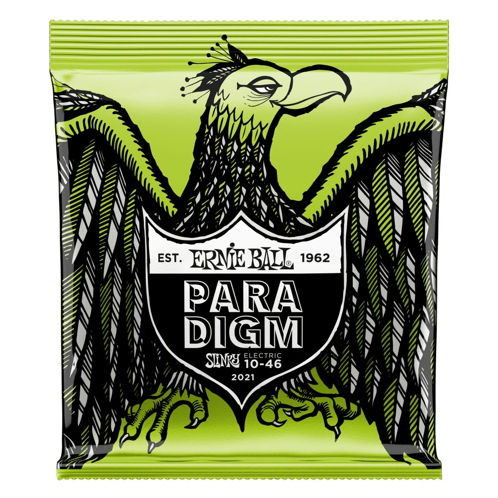 Ernie Ball Paradigm Regular Slinky electric guitar strings in their packaging, designed for versatile electric guitar playing.