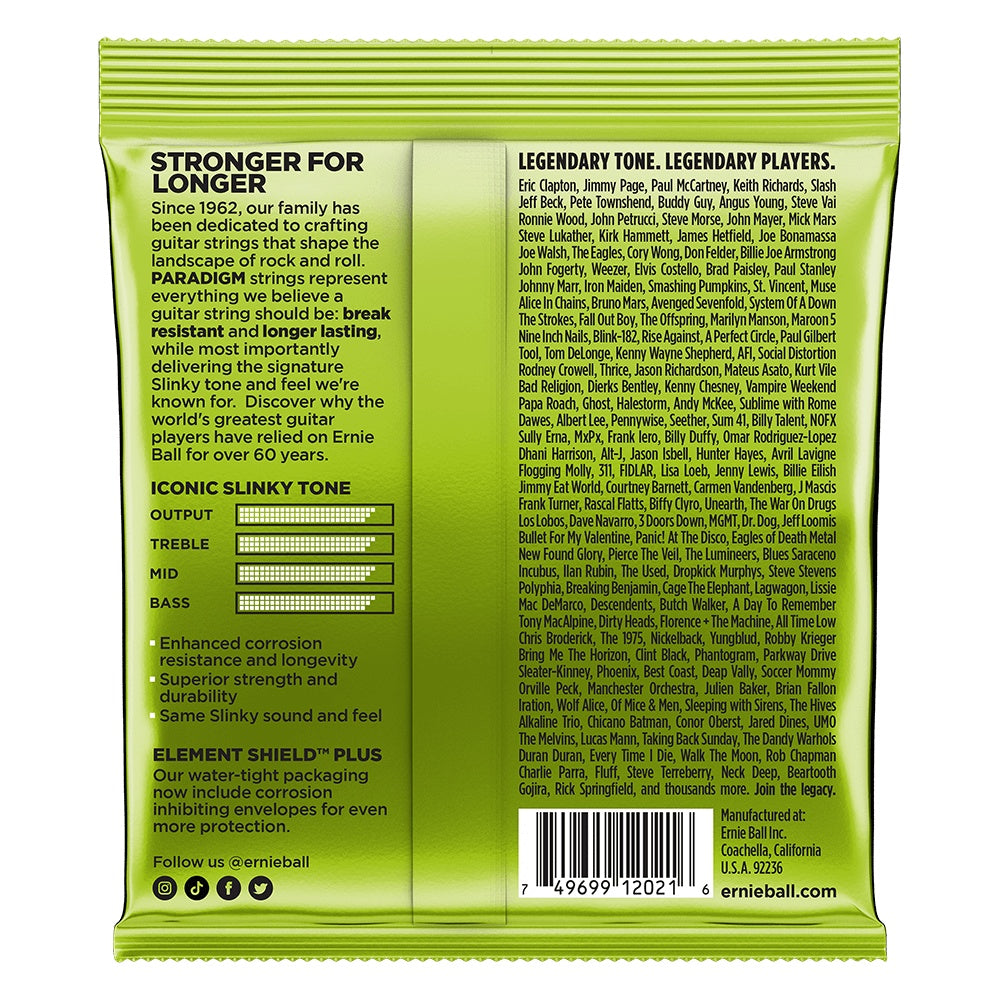 Ernie Ball Paradigm Regular Slinky electric guitar strings, high-performance strings with colorful packaging, designed for versatile playing.