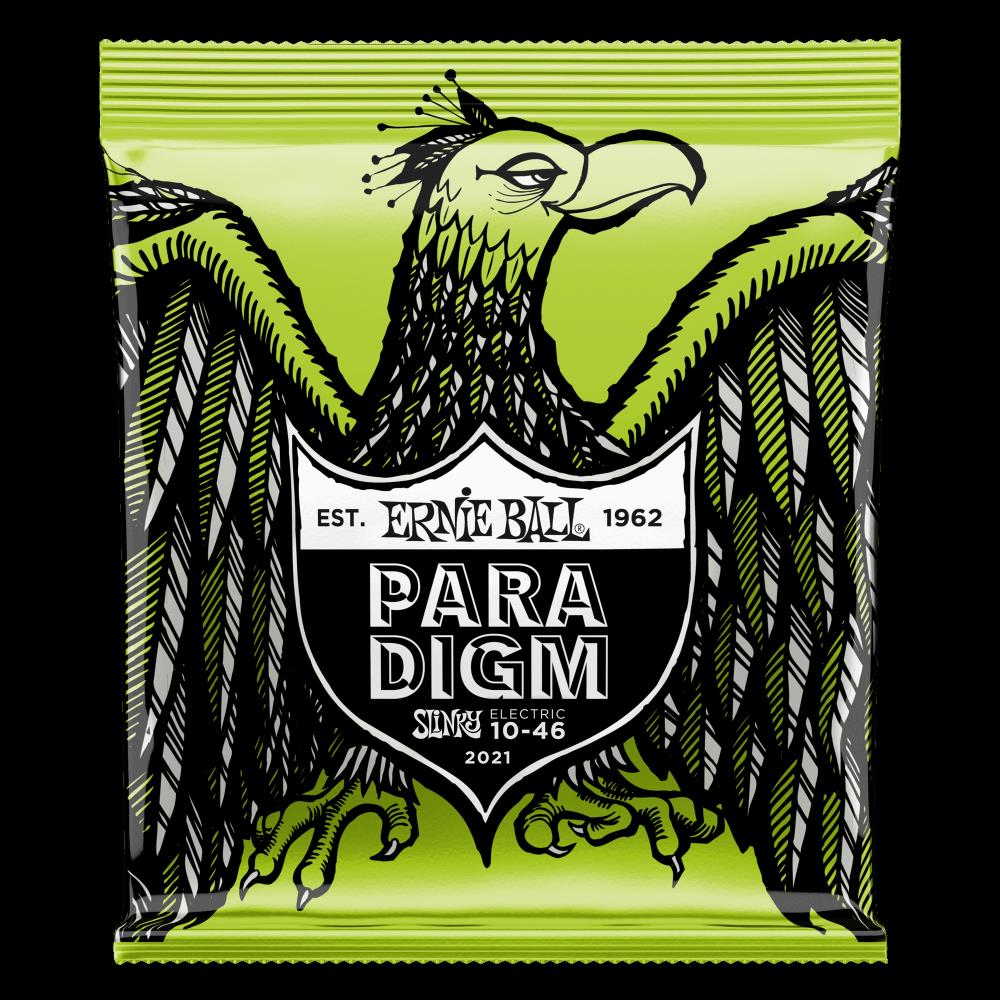 Ernie Ball Paradigm Regular Slinky electric guitar strings, set of six, with packaging, designed for durable and high-quality sound.