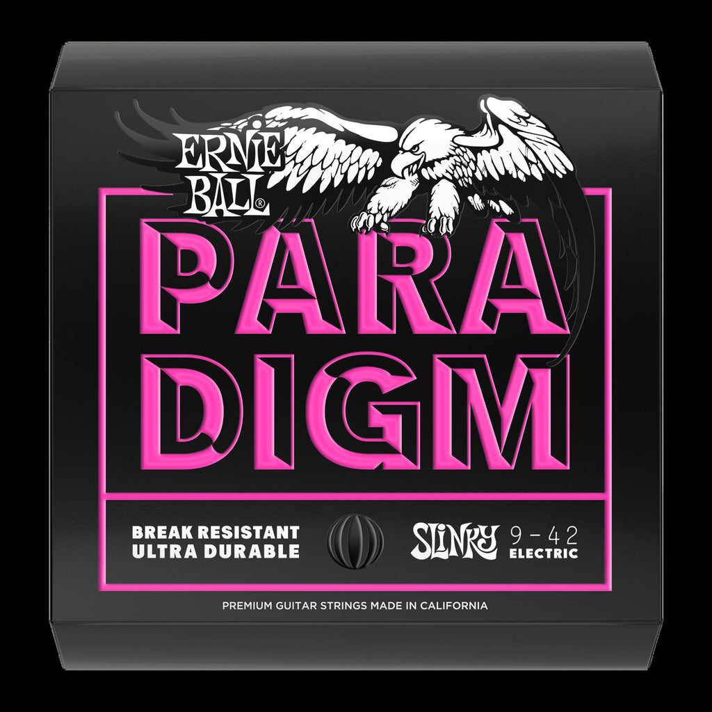 Ernie Ball Paradigm Super Slinky electric guitar strings in packaging, designed for bright tone and durability.