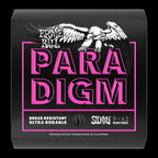 Ernie Ball Paradigm Super Slinky electric guitar strings in packaging, designed for bright tone and durability.