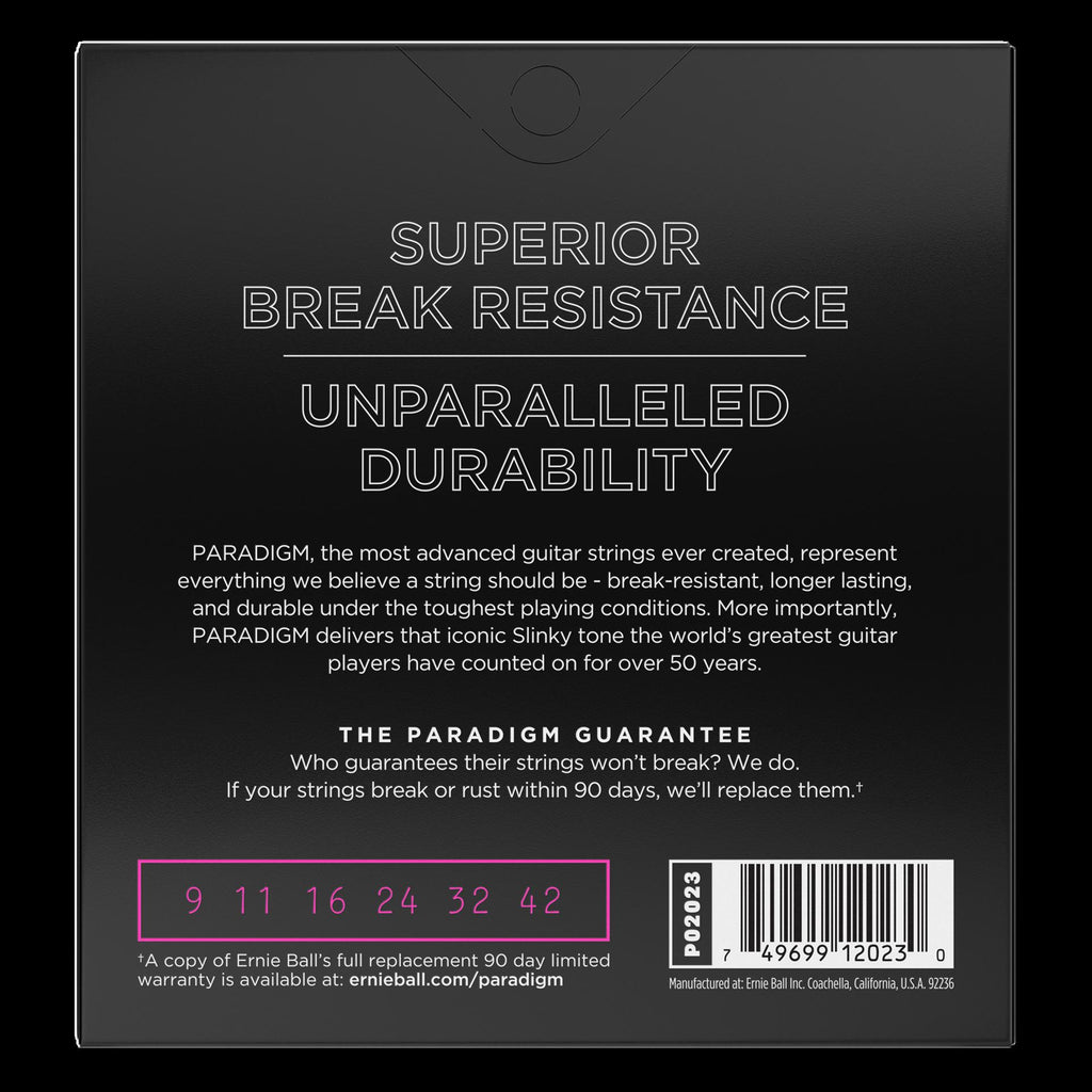 Ernie Ball Paradigm Super Slinky electric guitar strings in packaging, designed for smooth playability and rich tone.