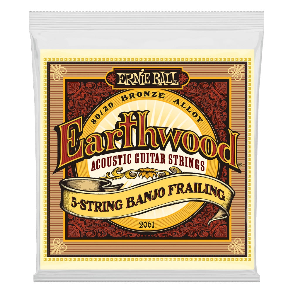 Ernie Ball Earthwood 5-string banjo with frailing loop end, 80/20 bronze strings, suitable for folk and bluegrass music.