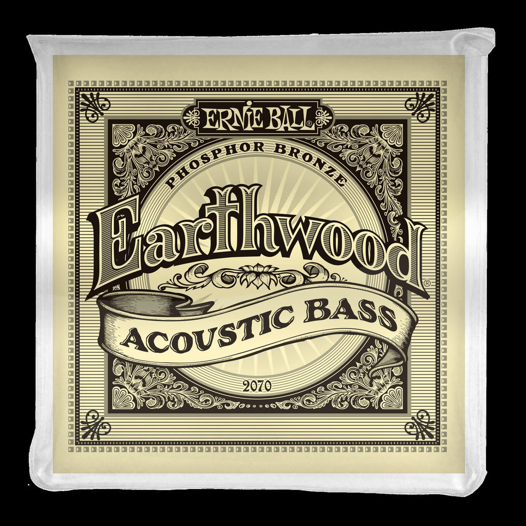 Ernie Ball Earthwood phosphor bronze acoustic bass strings, six-string set, with wound metal and clear packaging visible.