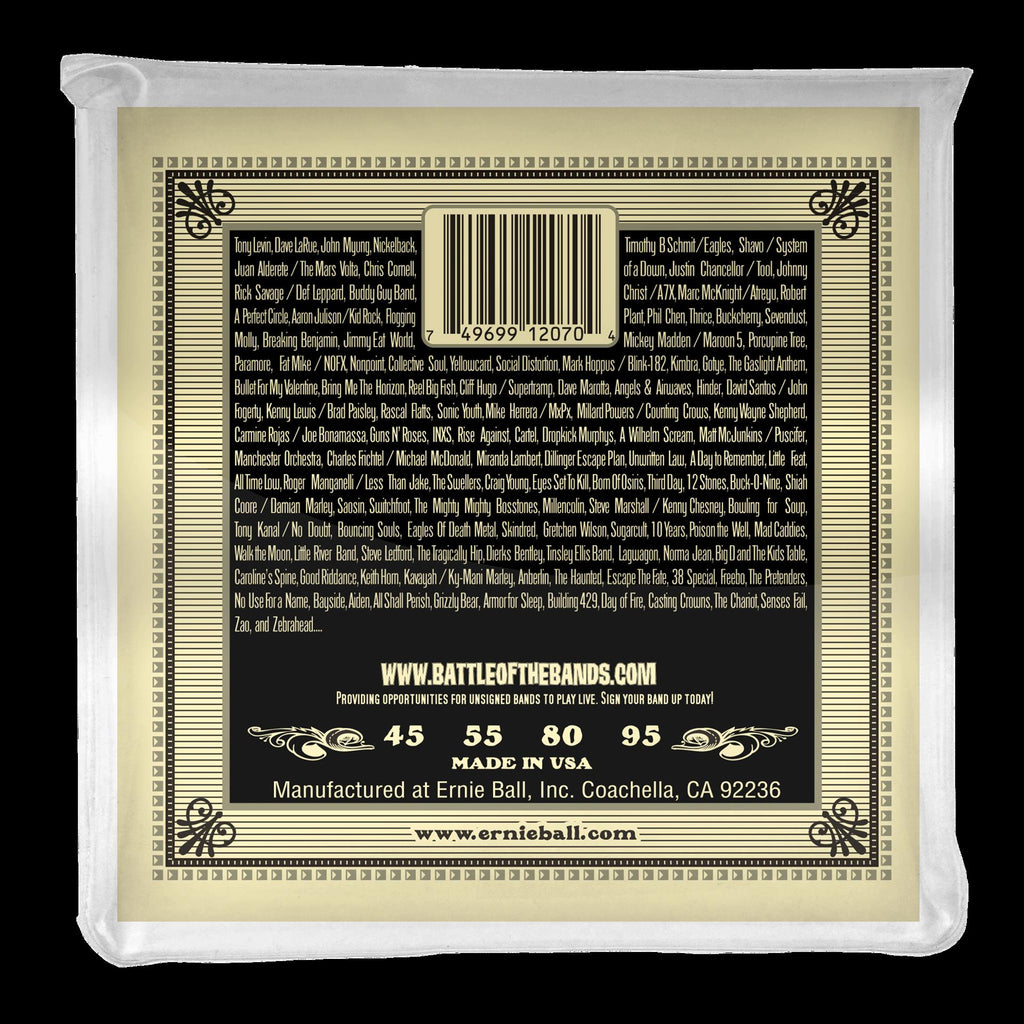 Ernie Ball Earthwood phosphor bronze acoustic bass strings with metal winding and ball end, designed for warm, rich bass sound.