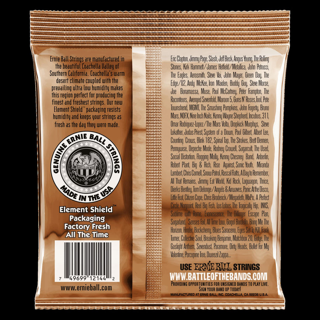 Ernie Ball Earthwood Medium Phosphor Bronze acoustic guitar strings, close-up of the set showing packaging and strings.