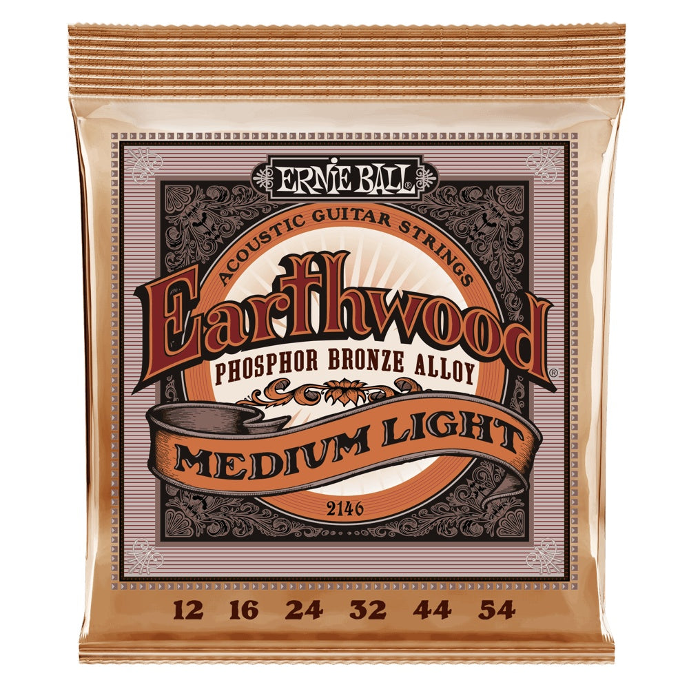 Ernie Ball Earthwood Medium Light Phosphor Bronze Acoustic Guitar Strings, close-up of the packaging and strings.