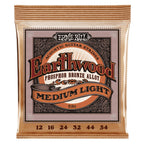 Ernie Ball Earthwood Medium Light Phosphor Bronze Acoustic Guitar Strings, close-up of the packaging and strings.