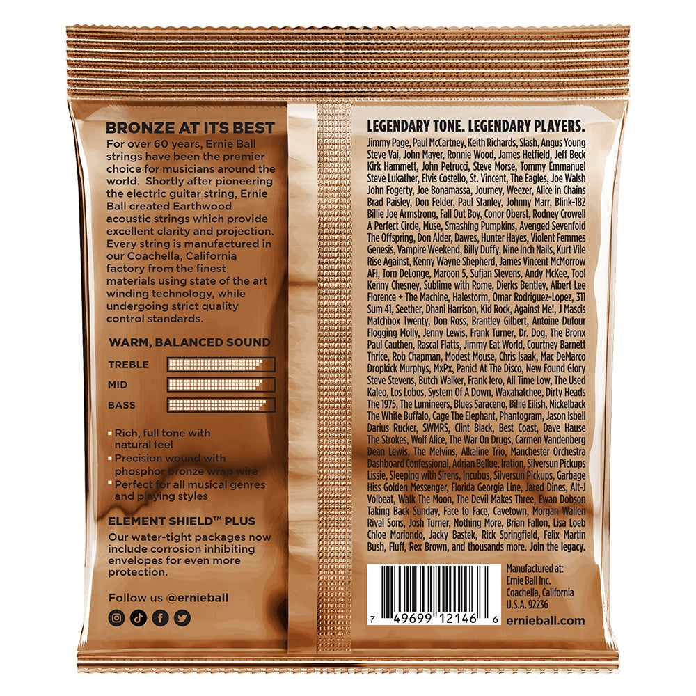 Ernie Ball Earthwood Medium Light Phosphor Bronze Acoustic Guitar Strings, shown in packaging with guitar strings visible