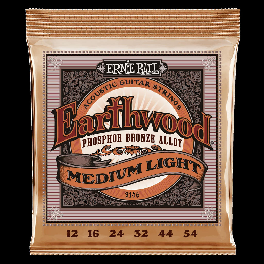 Ernie Ball Earthwood medium light phosphor bronze acoustic guitar strings, showing a close-up of the string set on a guitar.