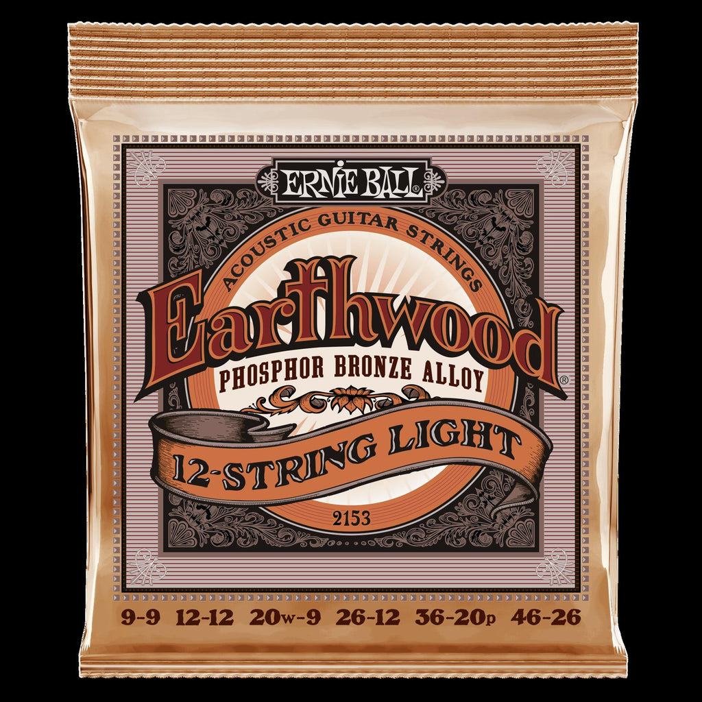 Ernie Ball Earthwood 12-string light phosphor bronze acoustic guitar strings, close-up of the packaged set.