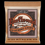 Ernie Ball Earthwood 12-string light phosphor bronze acoustic guitar strings, close-up of the packaged set.