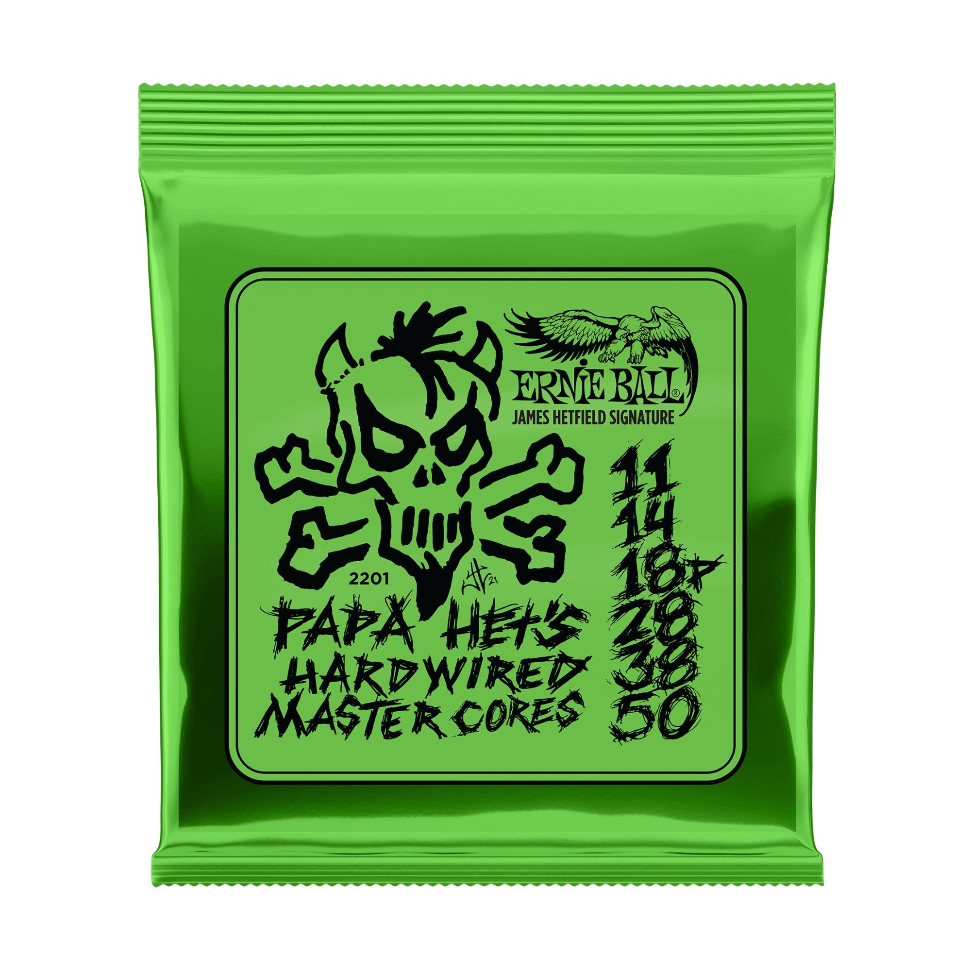 Ernie Ball Papa Het's Hardwired Master Signature electric guitar string set 11-50, showing the packaging and strings on a white background.