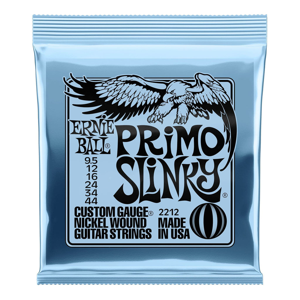 Ernie Ball 2212 Primo Slinky electric guitar strings in 9.5-44 gauge, displayed on a guitar, showcasing the packaging and strings.