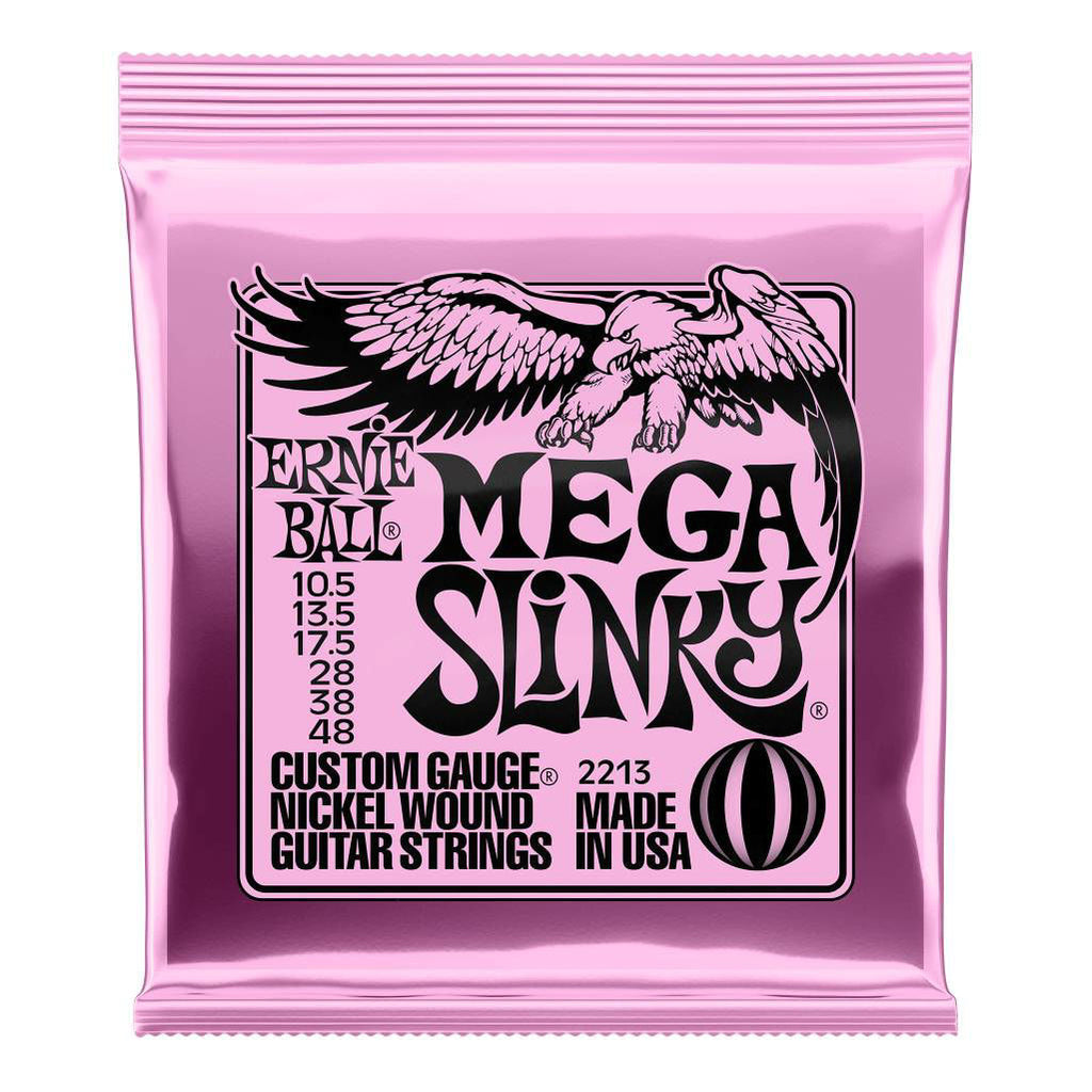 Ernie Ball 2213 Mega Slinky nickel wound electric guitar strings, 10.5-48 gauge, displayed on a guitar.