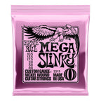 Ernie Ball 2213 Mega Slinky nickel wound electric guitar strings, 10.5-48 gauge, displayed on a guitar.