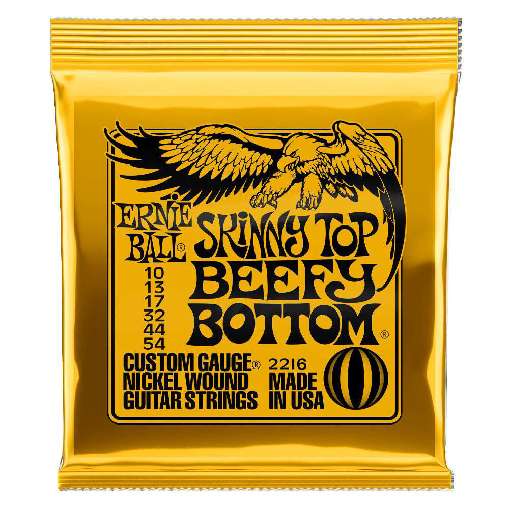 Ernie Ball 2216 electric guitar strings, 10-54 gauge, nickel wound, featuring skinny top and beefy bottom, for electric guitars.