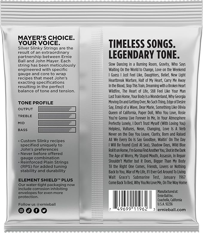Ernie Ball John Mayer Silver Slinky electric guitar strings, 10.5-47 gauge, shown on a guitar with the packaging visible.