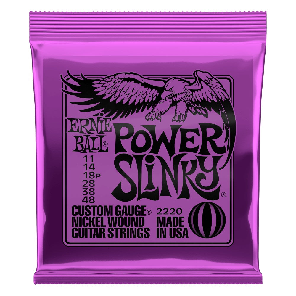 Ernie Ball 2220 Power Slinky Nickel Wound Electric Guitar Strings, set of six strings for electric guitars, displayed in packaging.