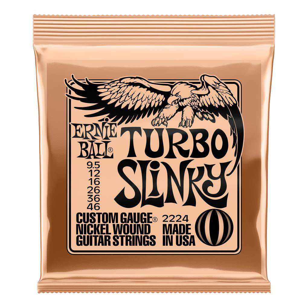 Ernie Ball Turbo Slinky Nickel Wound Electric Guitar Strings 9.5-46 gauge, coiled strings for electric guitar, close-up view
