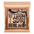 Ernie Ball Turbo Slinky Nickel Wound Electric Guitar Strings 9.5-46 gauge, coiled strings for electric guitar, close-up view
